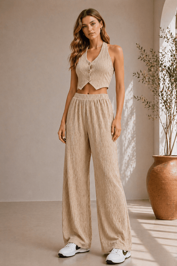 Beige Crinkled Vest Pants Set - STYLED BY ALX COUTUREOutfit Sets