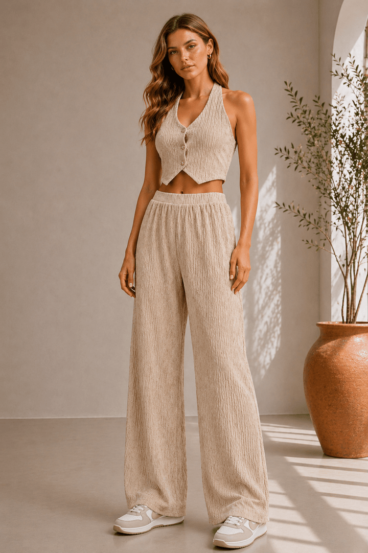 Beige Crinkled Vest Pants Set - STYLED BY ALX COUTUREOutfit Sets