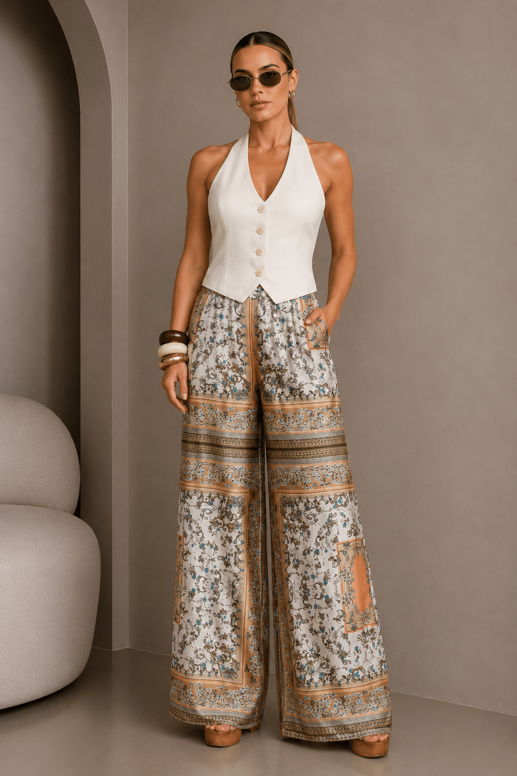Beige Halter Button - up Vest Top - STYLED BY ALX COUTUREShirts & Tops