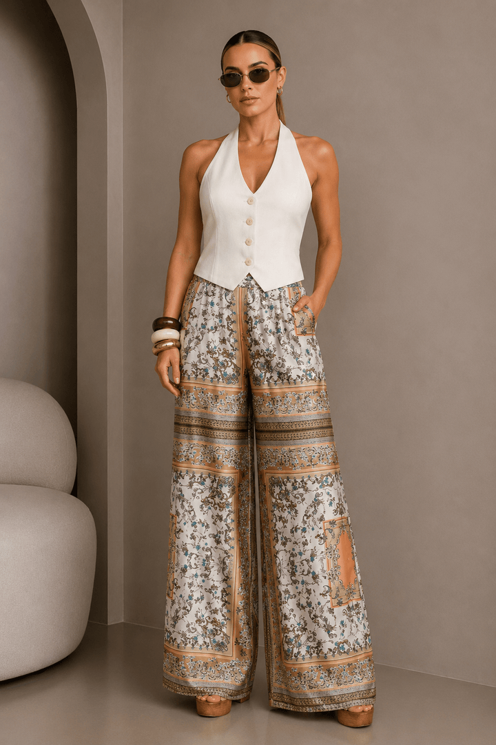 Beige Halter Button - up Vest Top - STYLED BY ALX COUTUREShirts & Tops