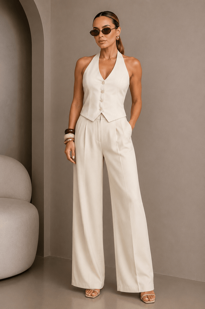 Beige Halter Button - up Vest Top - STYLED BY ALX COUTUREShirts & Tops