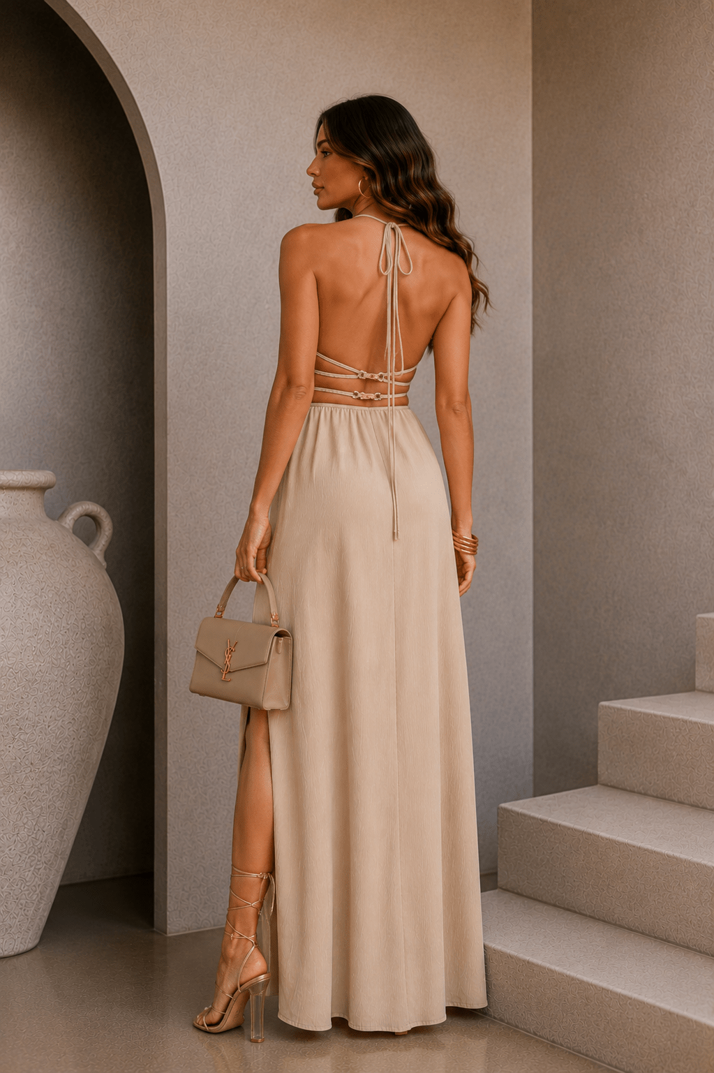 Beige Halter Cutout Maxi Dress - STYLED BY ALX COUTUREDresses