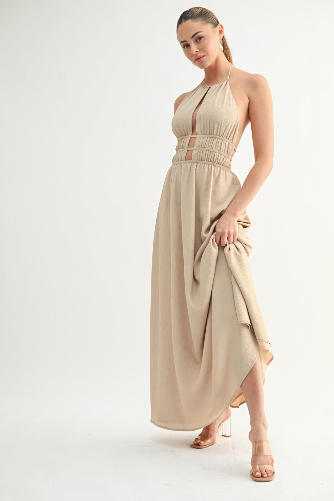 Beige Halter Cutout Maxi Dress STYLED BY ALX COUTURE Beige Halter Cutout Maxi Dress STYLED BY ALX COUTURE