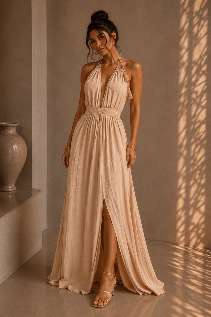 Beige Halter Flowy Maxi Dress – STYLED BY ALX COUTURE