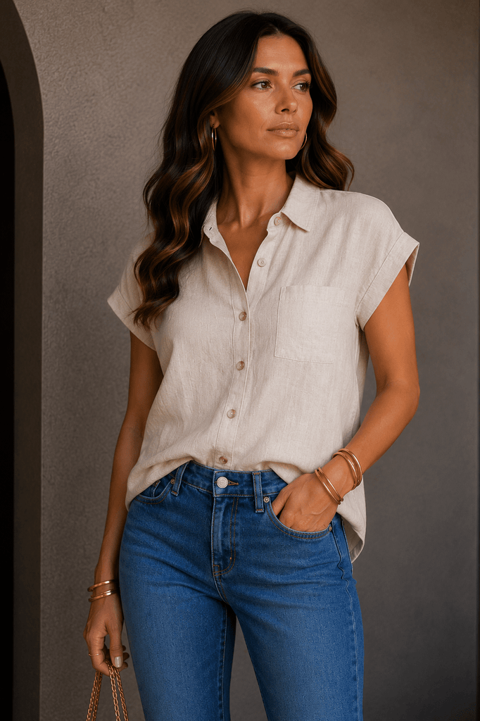 Beige Linen Button Down Top