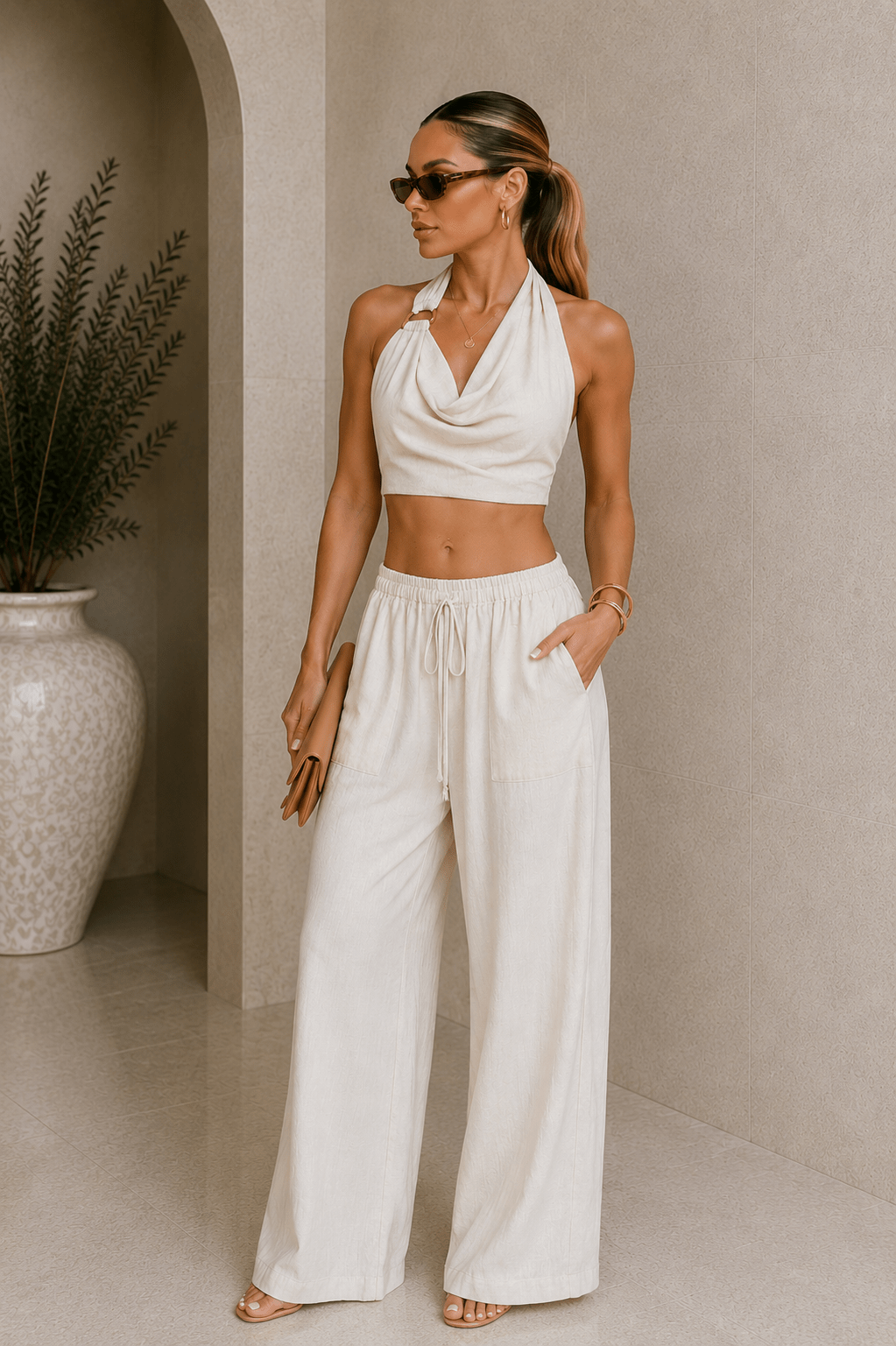 Beige Linen Halter Backless Pants Set - STYLED BY ALX COUTUREOutfit Sets