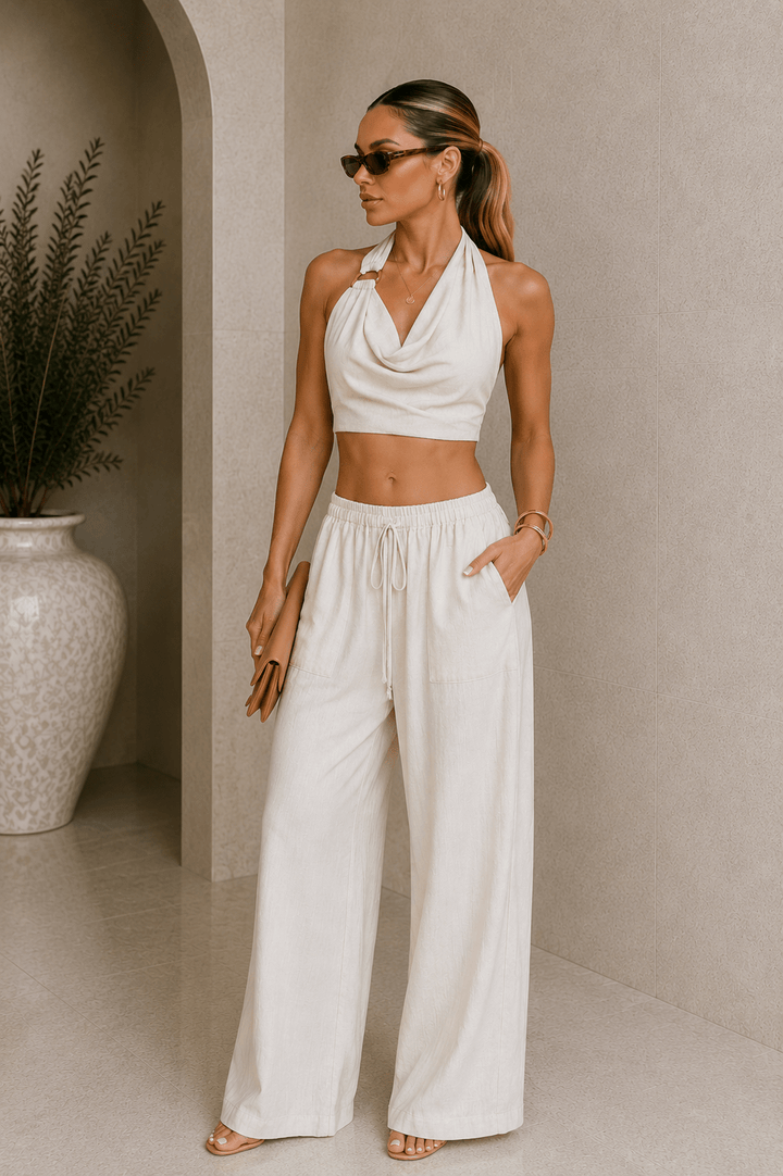 Beige Linen Halter Backless Pants Set - STYLED BY ALX COUTUREOutfit Sets