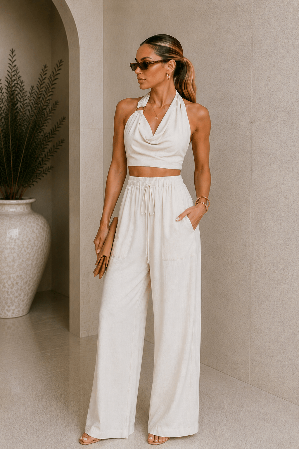 Beige Linen Halter Backless Pants Set - STYLED BY ALX COUTUREOutfit Sets