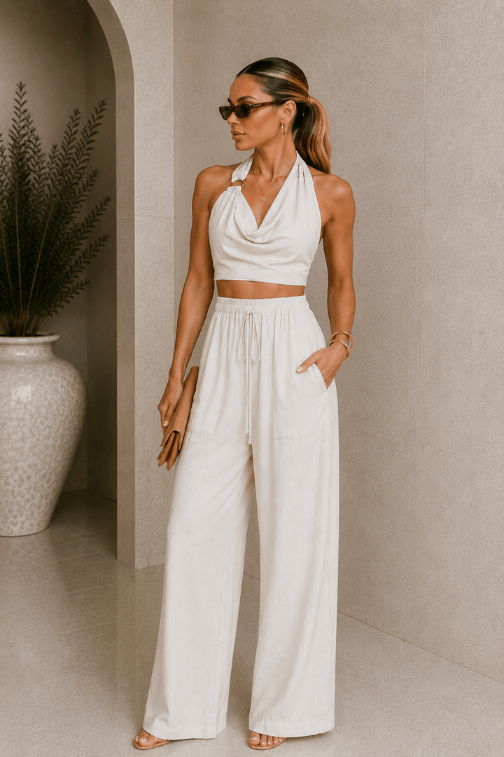 Beige Linen Halter Backless Pants Set - STYLED BY ALX COUTUREOutfit Sets