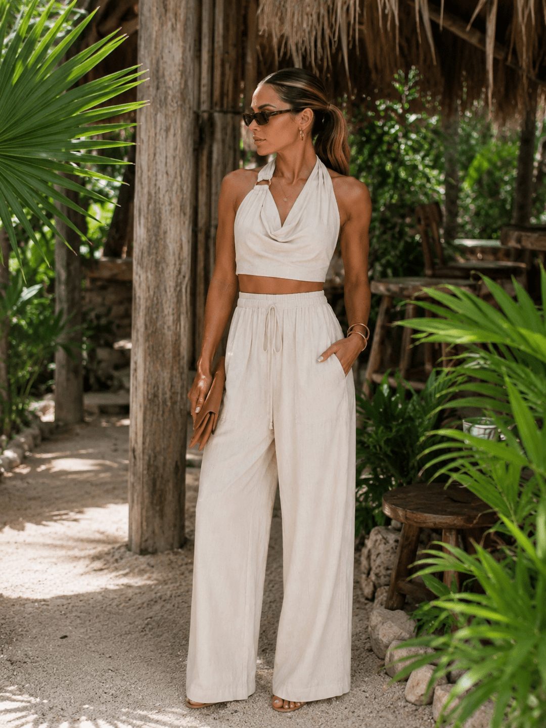 Beige Linen Halter Pants Set - STYLED BY ALX COUTUREOutfit Sets