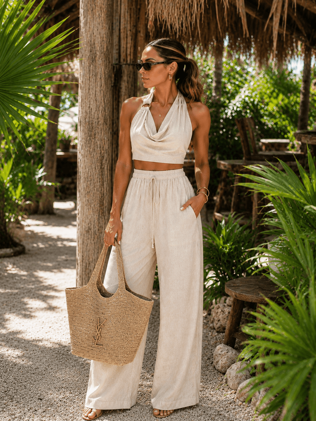 Beige Linen Halter Pants Set - STYLED BY ALX COUTUREOutfit Sets