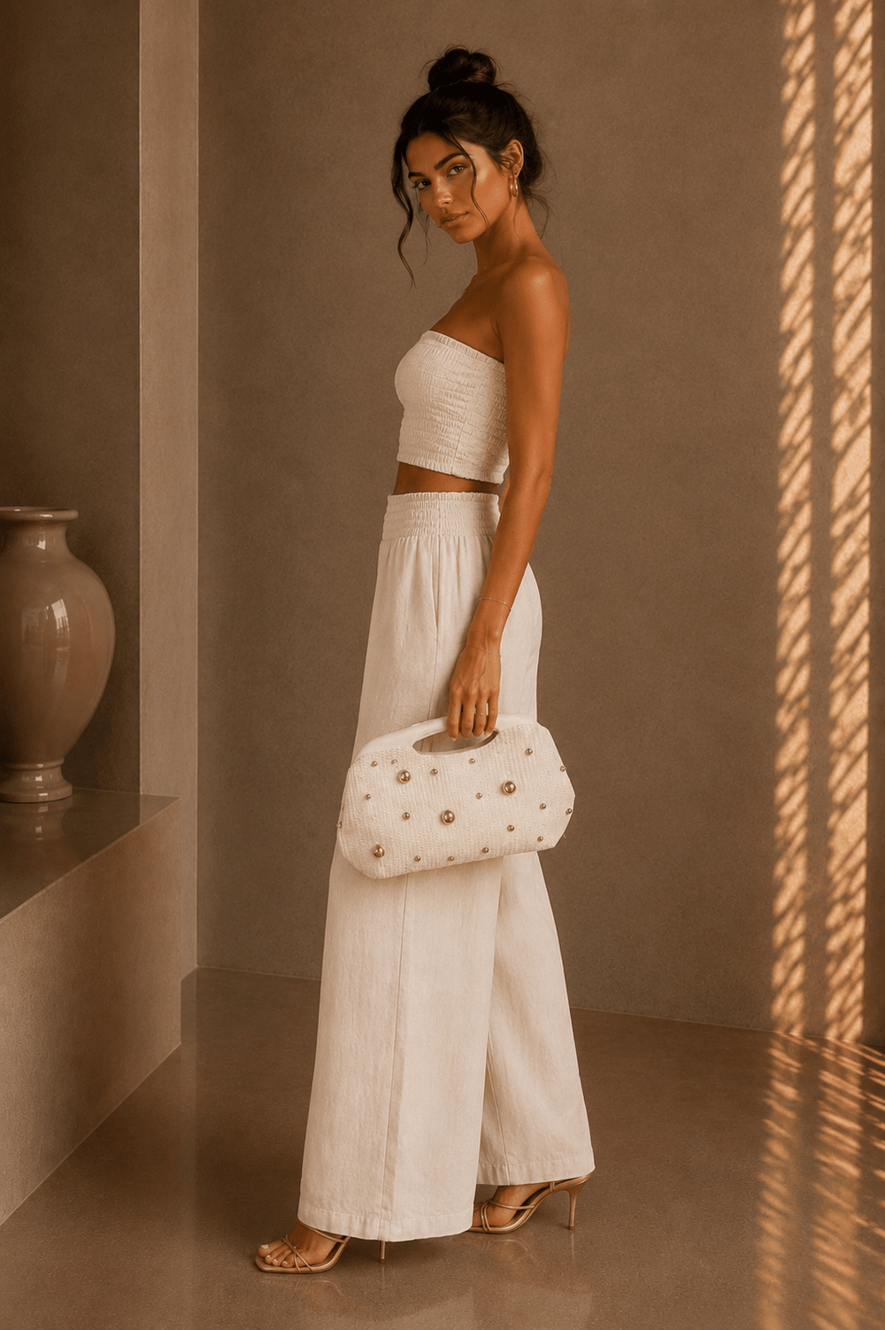 Beige Linen Strapless Pant Set - STYLED BY ALX COUTUREOutfit Sets