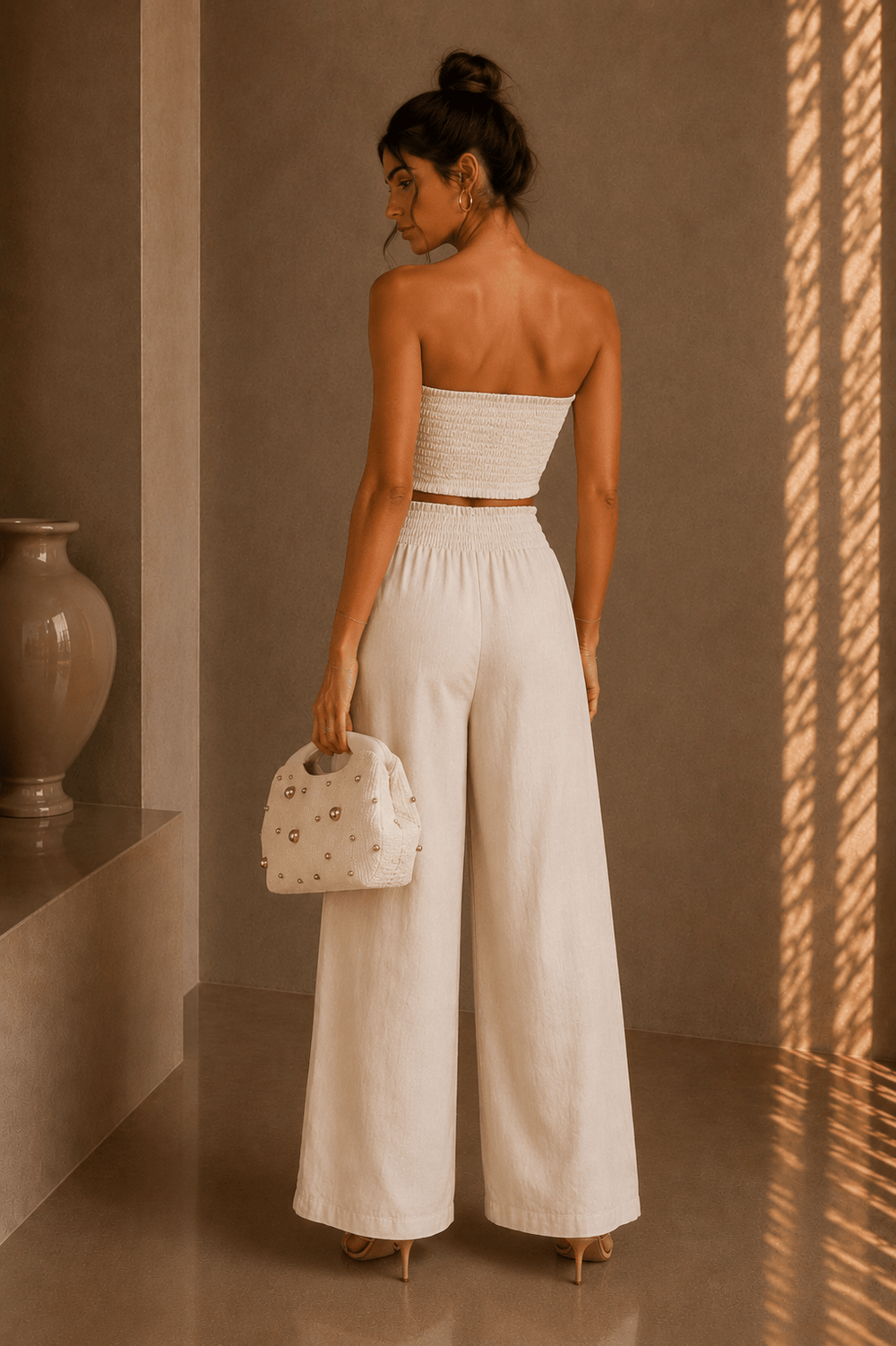 Beige linen matching set with a crop hem and wide legs