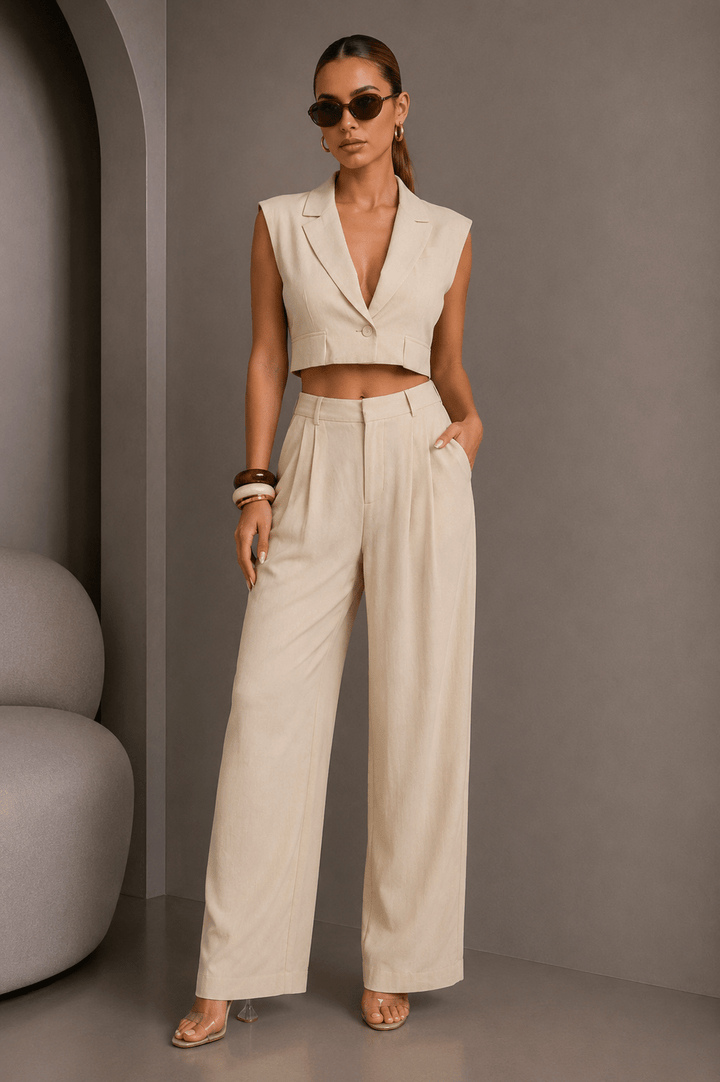 Beige Linen vest and pant set - STYLED BY ALX COUTUREOutfit Sets