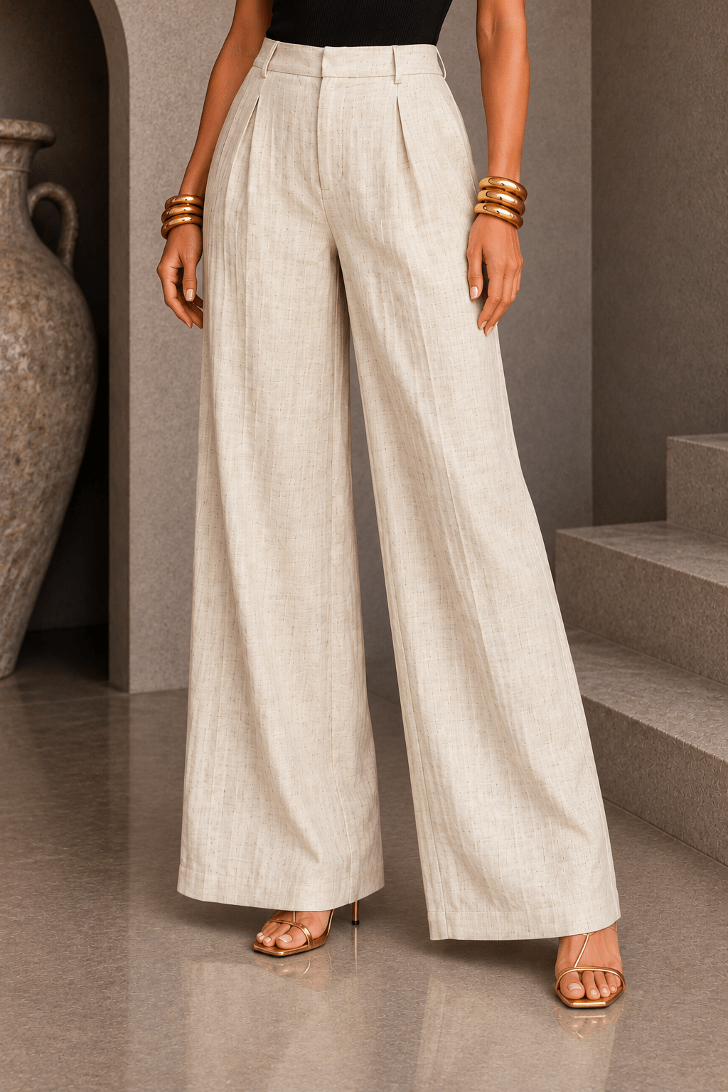 Beige Linen Wide Leg Pants - STYLED BY ALX COUTUREPants