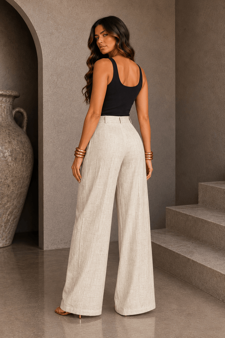 Beige Linen Wide Leg Pants - STYLED BY ALX COUTUREPants
