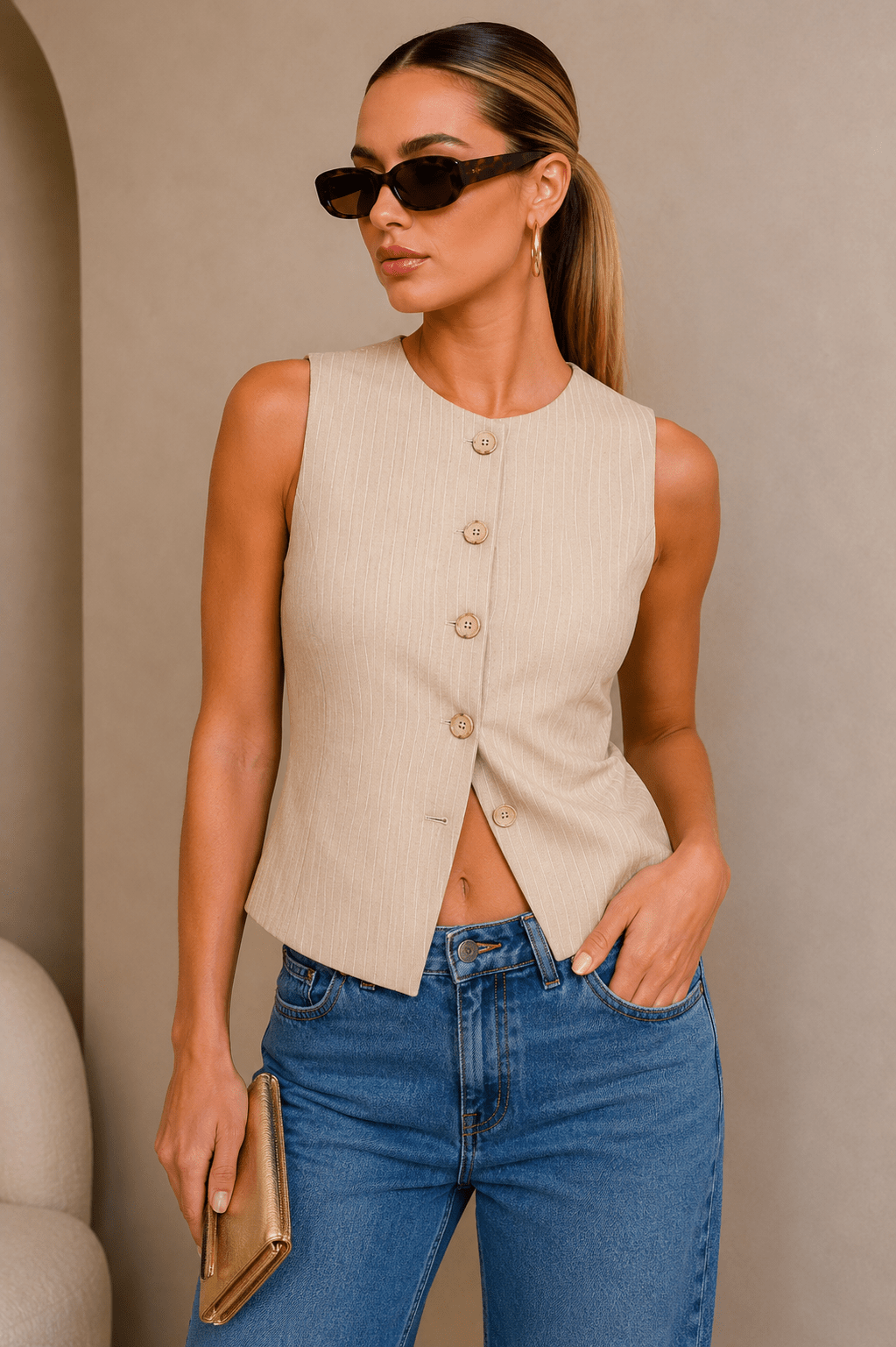 Beige Pinstriped Button down Vest - STYLED BY ALX COUTUREvest
