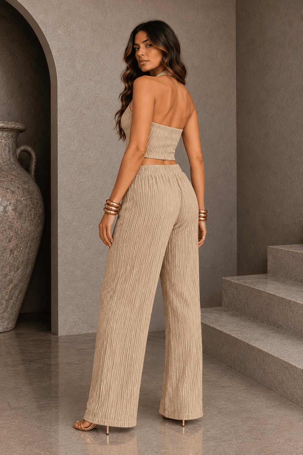 Beige Plisse Halter Vest Set - STYLED BY ALX COUTUREOutfit Sets