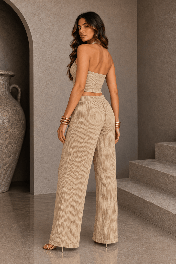 Beige Plisse Halter Vest Set - STYLED BY ALX COUTUREOutfit Sets