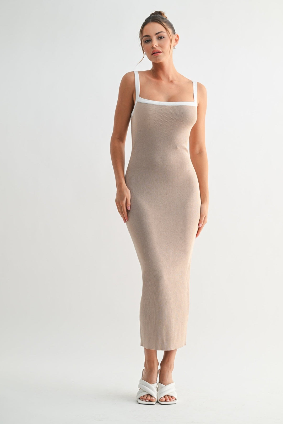 Beige Sculpted Frame Midi Dress STYLED BY ALX COUTURE Beige Sculpted Frame Midi Dress STYLED BY ALX COUTURE