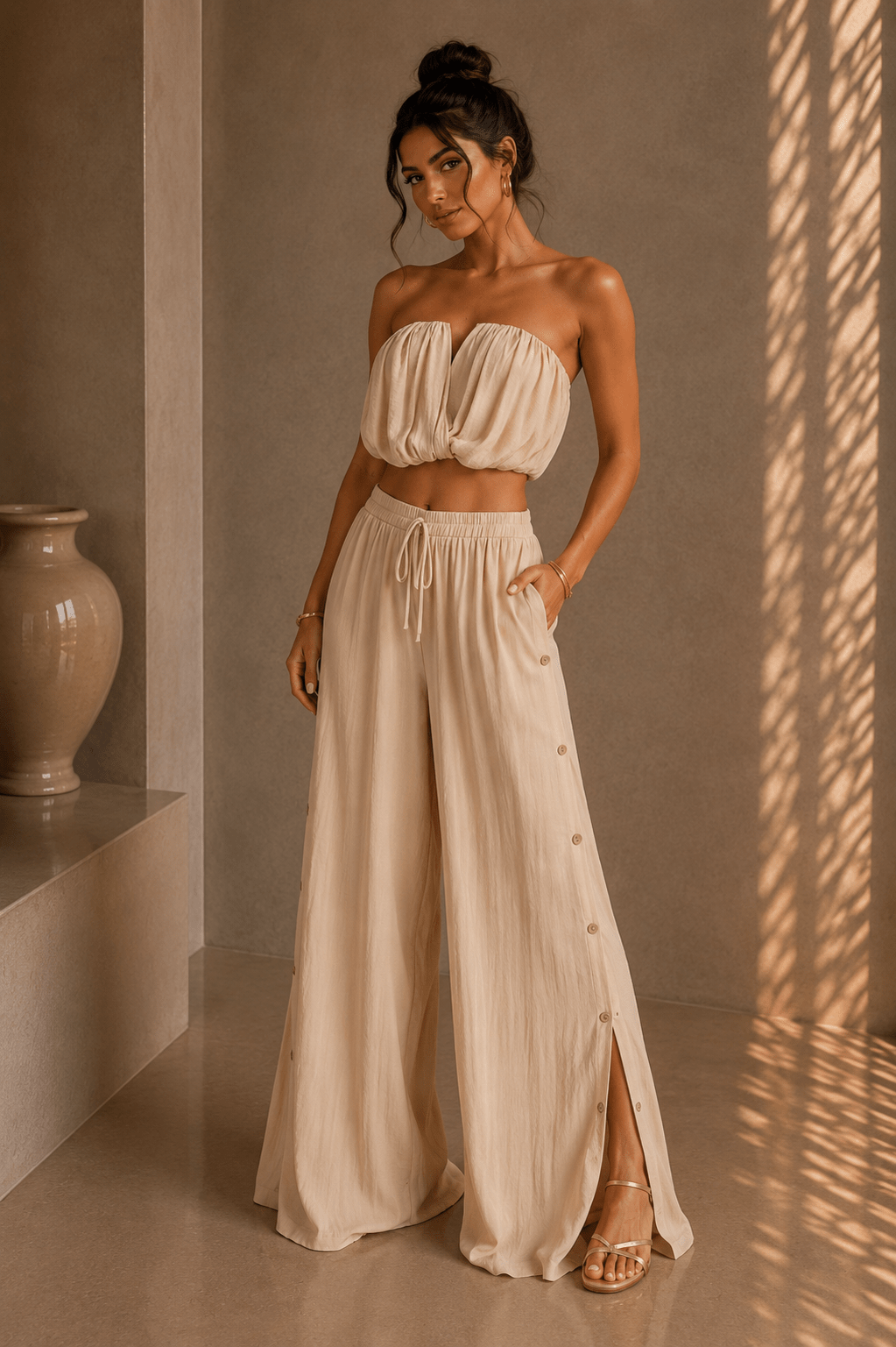 Beige Strapless High Waist Pants Set - STYLED BY ALX COUTUREOutfit Sets