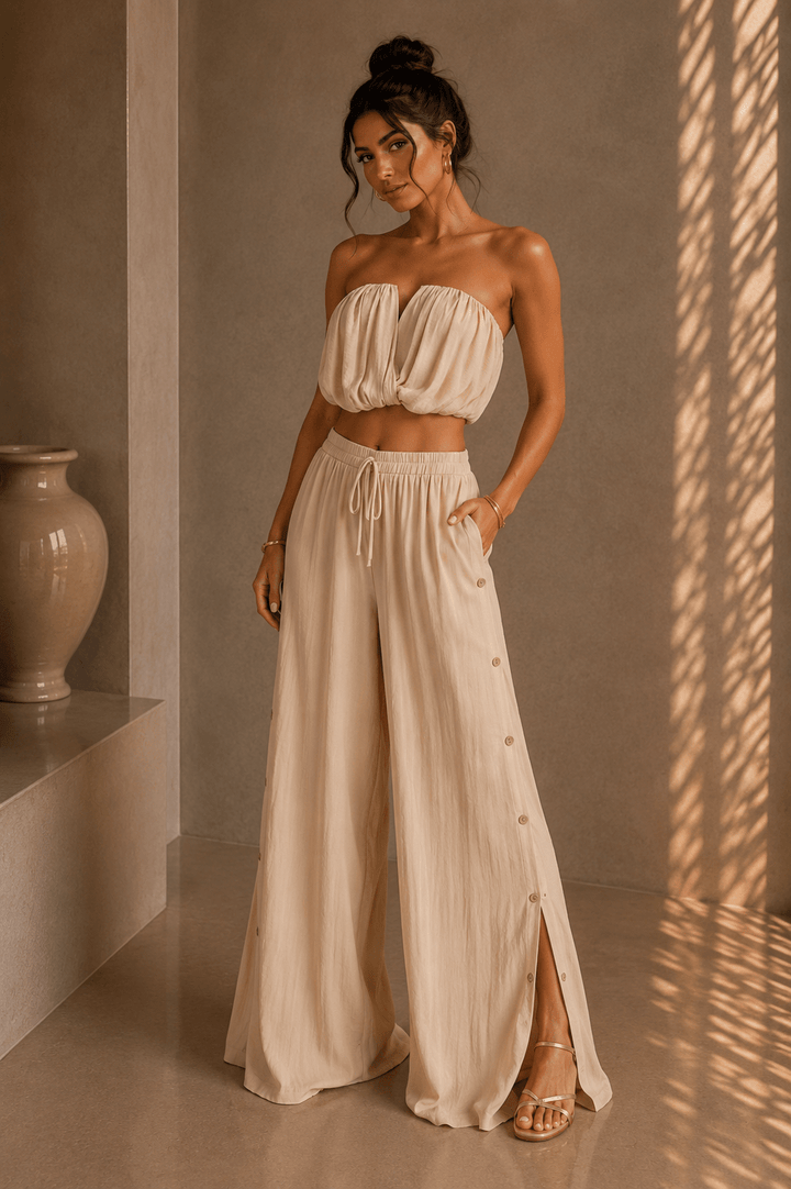 Beige Strapless High Waist Pants Set - STYLED BY ALX COUTUREOutfit Sets