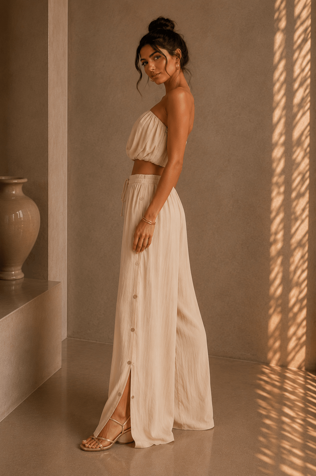 Beige Strapless High Waist Pants Set - STYLED BY ALX COUTUREOutfit Sets