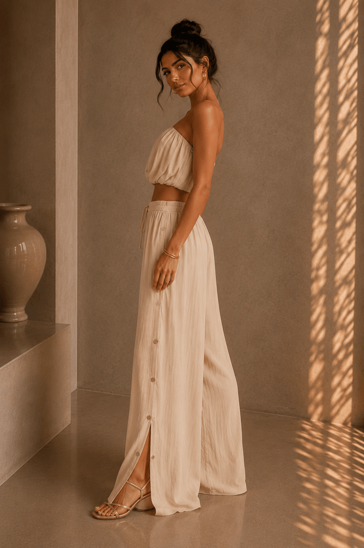 Beige Strapless High Waist Pants Set - STYLED BY ALX COUTUREOutfit Sets