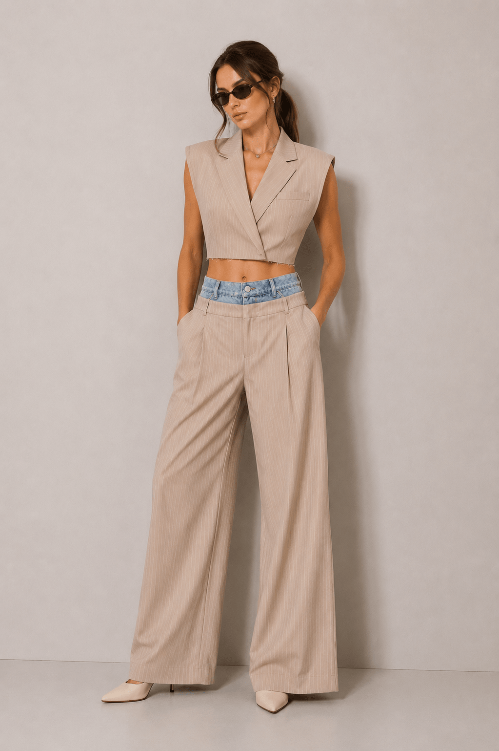 Beige Striped Billie Cooper Vest - STYLED BY ALX COUTUREvest