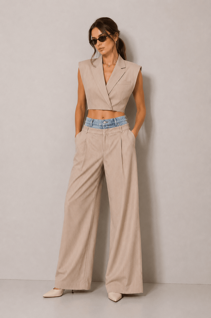 Beige Striped Billie Cooper Vest - STYLED BY ALX COUTUREvest