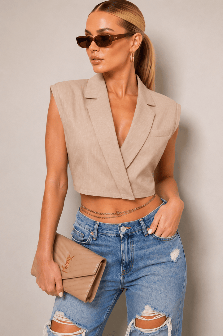 Beige Striped Billie Cooper Vest - STYLED BY ALX COUTUREvest