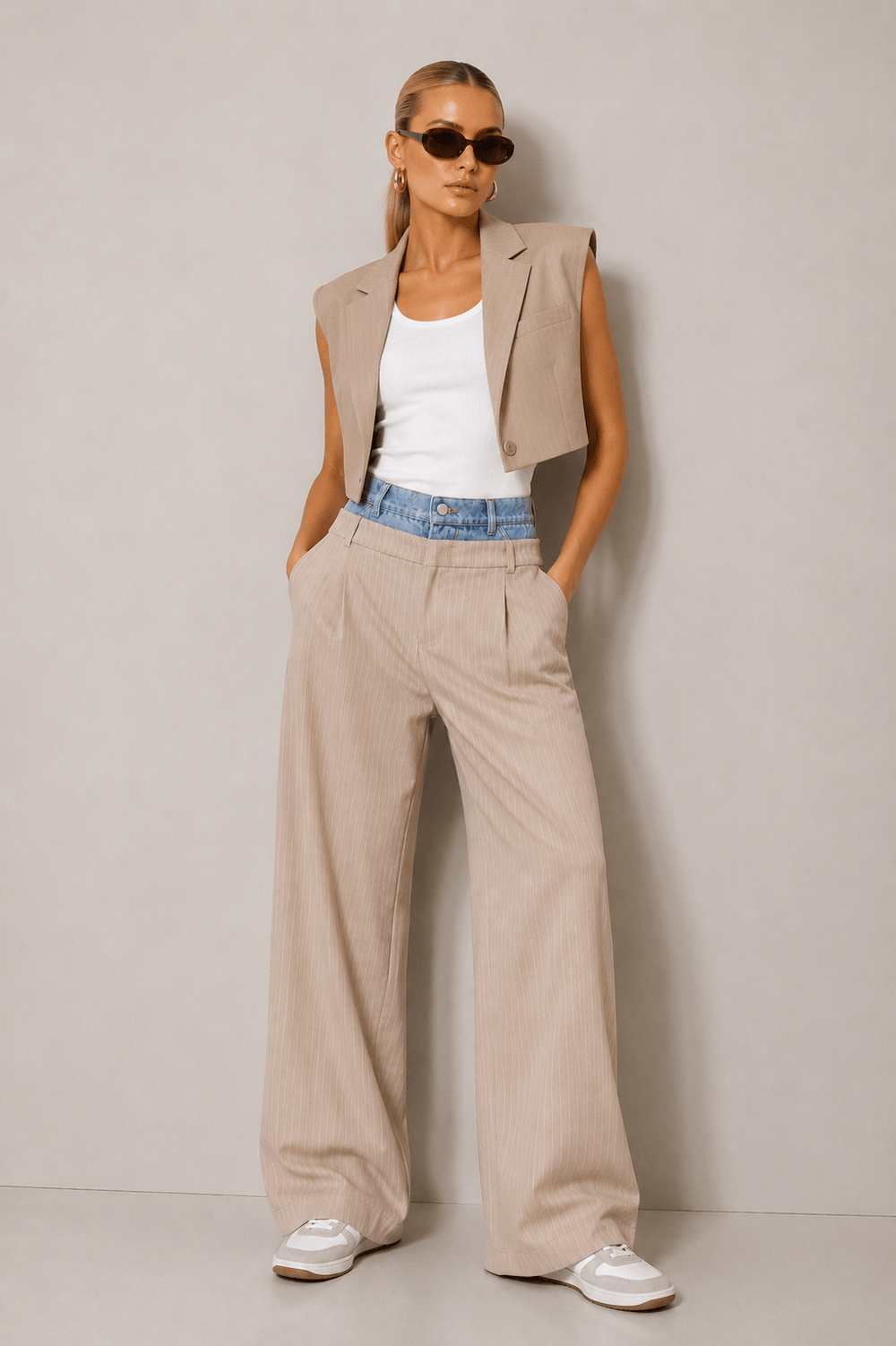 Beige Striped Billie Cooper Vest - STYLED BY ALX COUTUREvest