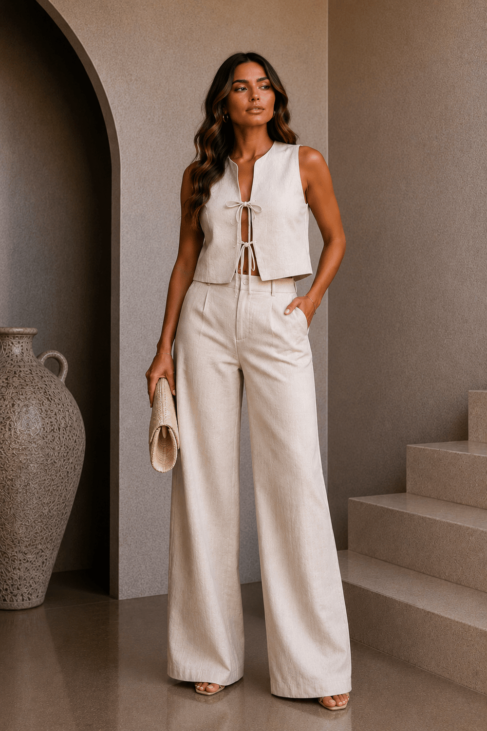Beige Tie Up Vest Linen Pant Set – STYLED BY ALX COUTURE Beige Tie Up Vest Linen Pant Set – STYLED BY ALX COUTURE