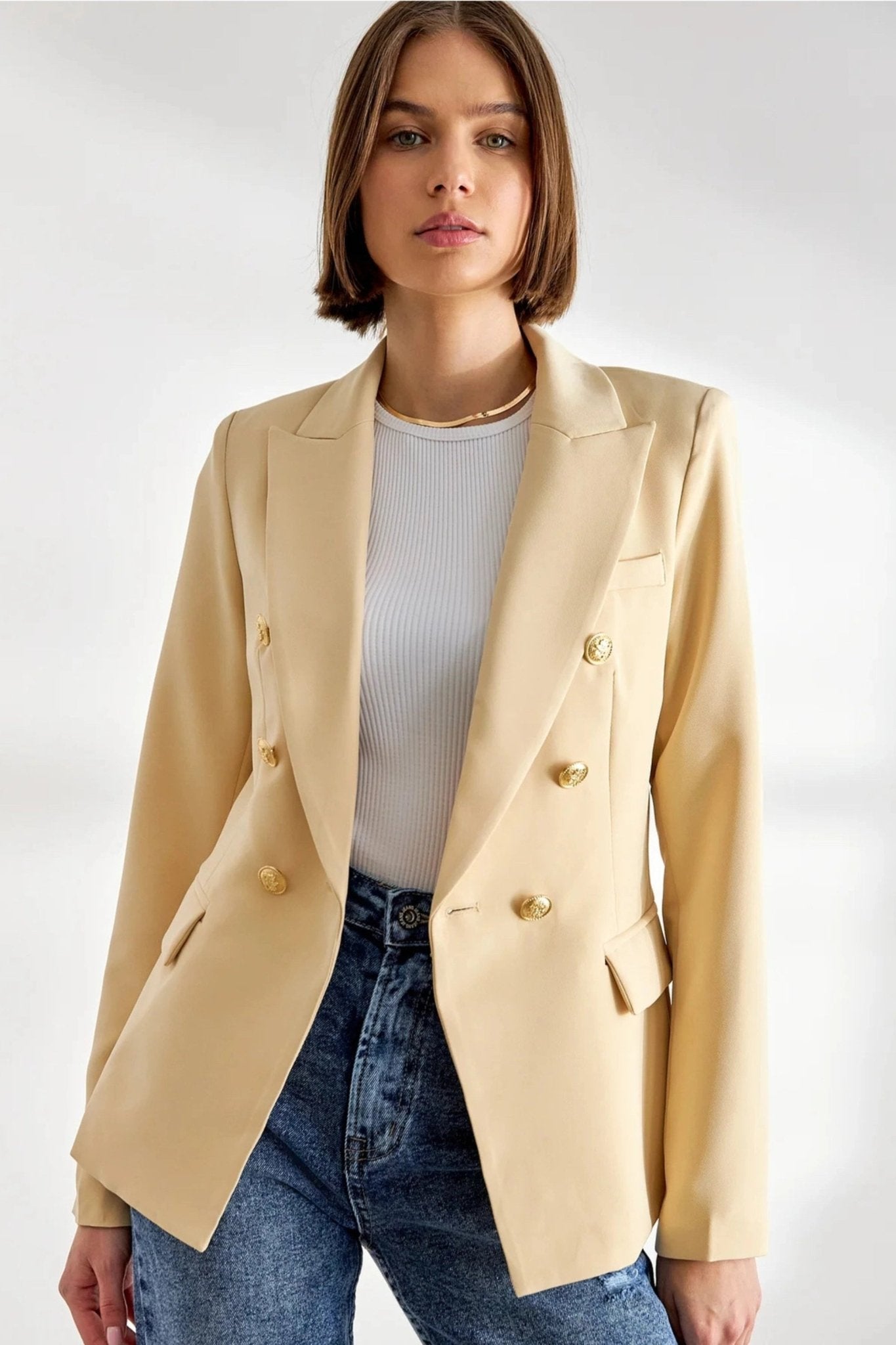 Beige Timeless Fitted Blazer with Gold Buttons – STYLED BY ALX COUTURE