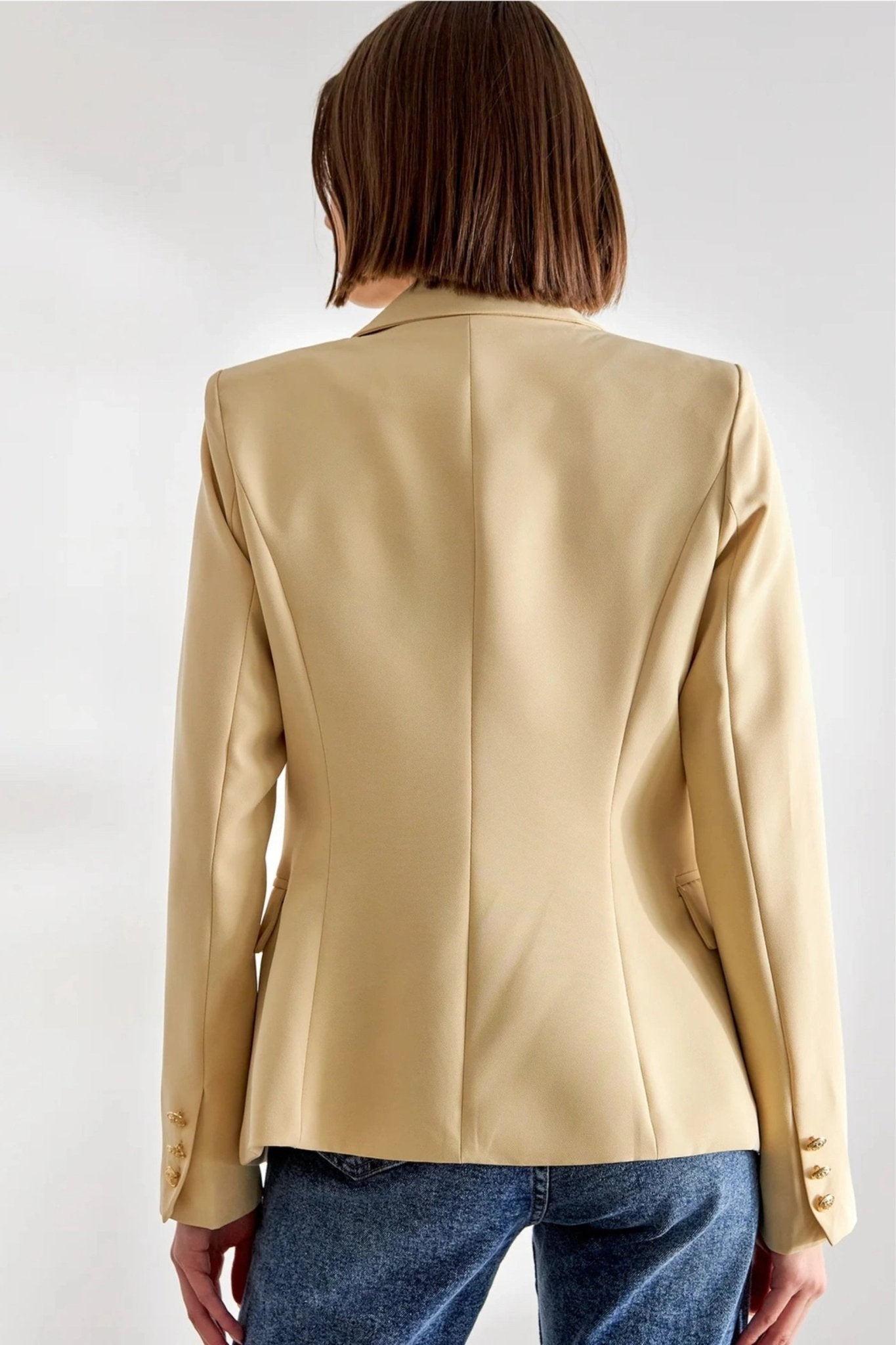 Beige Timeless Fitted Blazer with Gold Buttons – STYLED BY ALX COUTURE