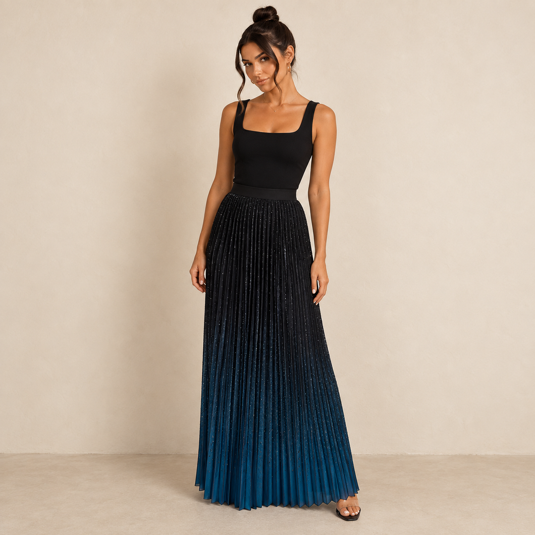 AI color illustration — black to dark teal blue pleated maxi skirt