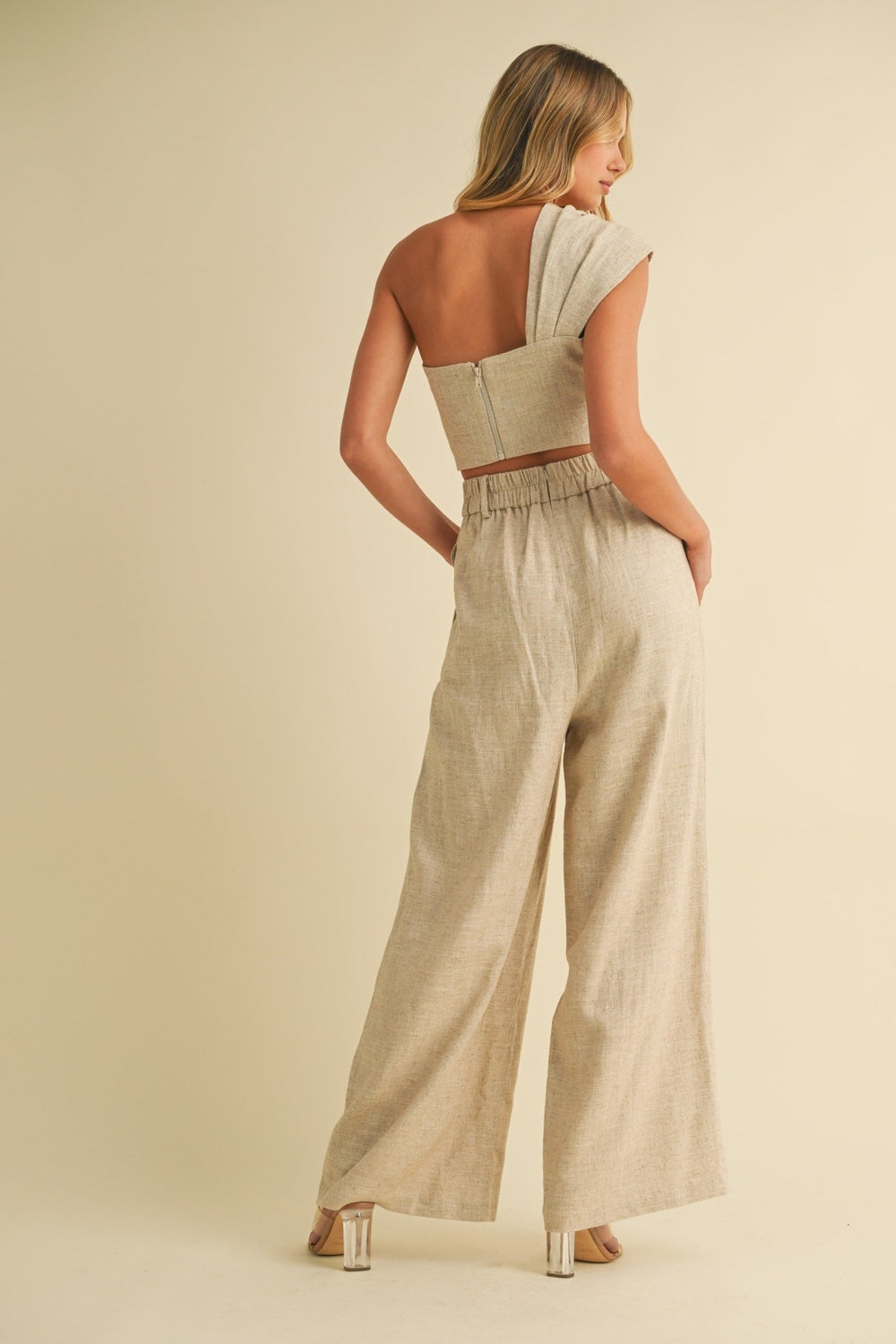 Beige linen twist front pant set from STYLED BY ALX