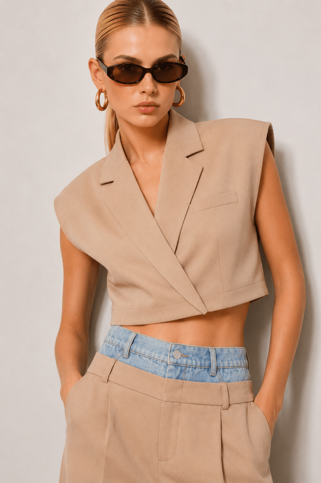 Billie Beige Solid Crop Vest Top - STYLED BY ALX COUTUREShirts & Tops