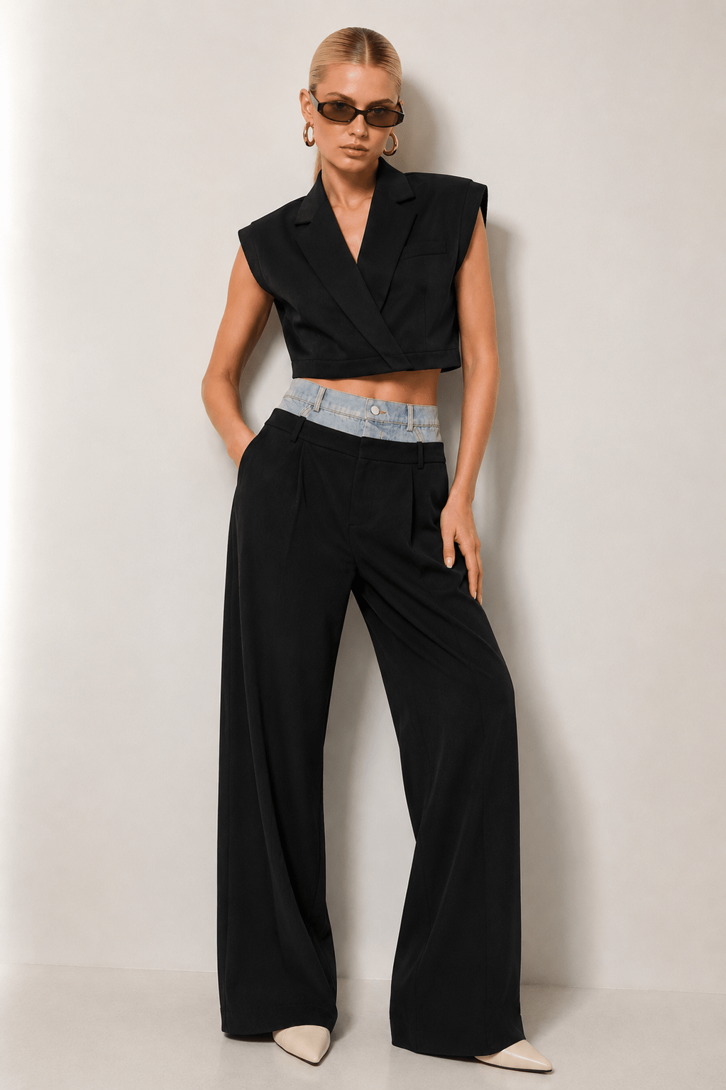 Billie Black Solid V - neck Collared Crop Vest Top - STYLED BY ALX COUTUREvest