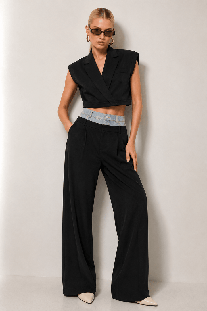Billie Black Solid V - neck Collared Crop Vest Top - STYLED BY ALX COUTUREvest