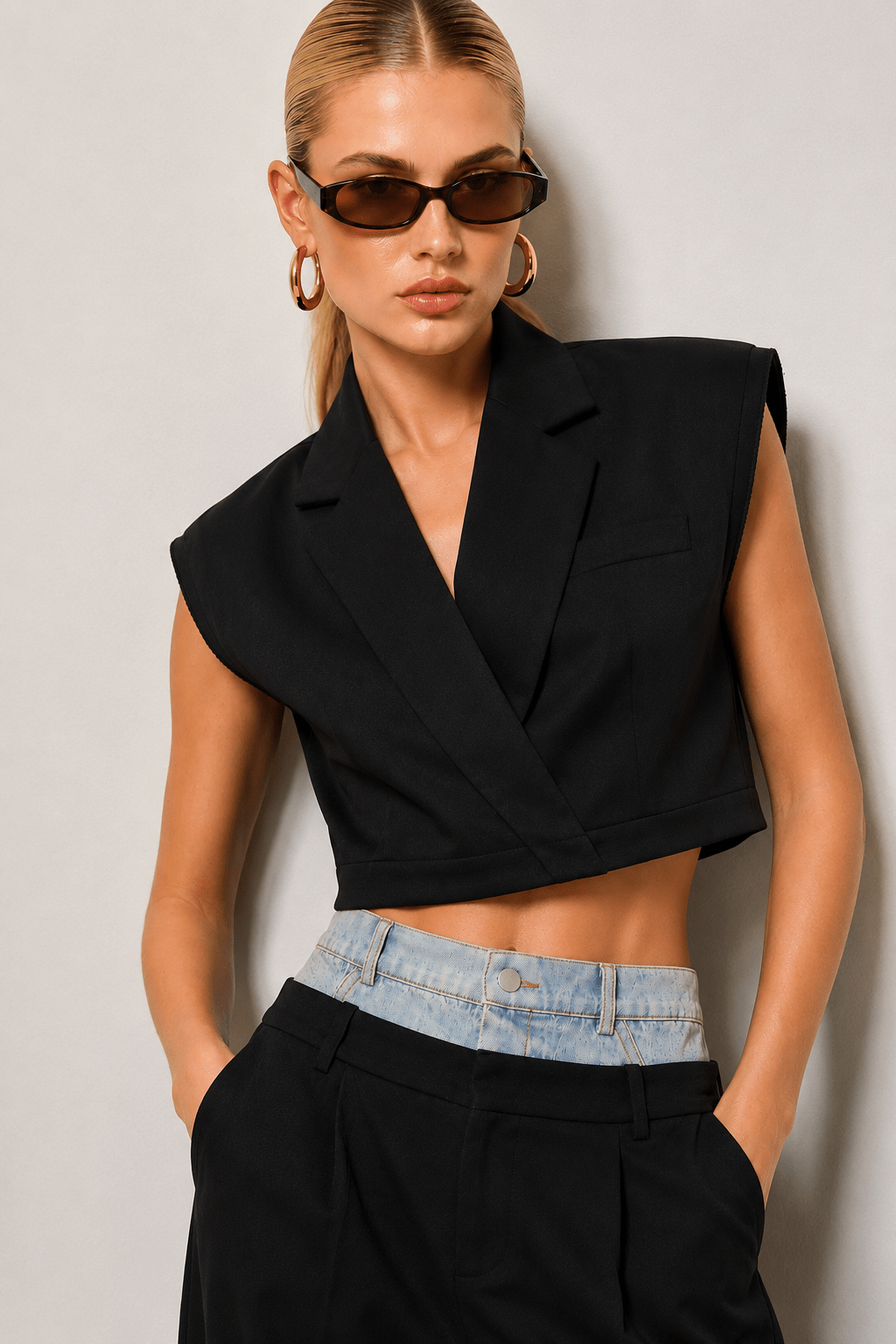 Billie Black Solid V - neck Collared Crop Vest Top - STYLED BY ALX COUTUREvest