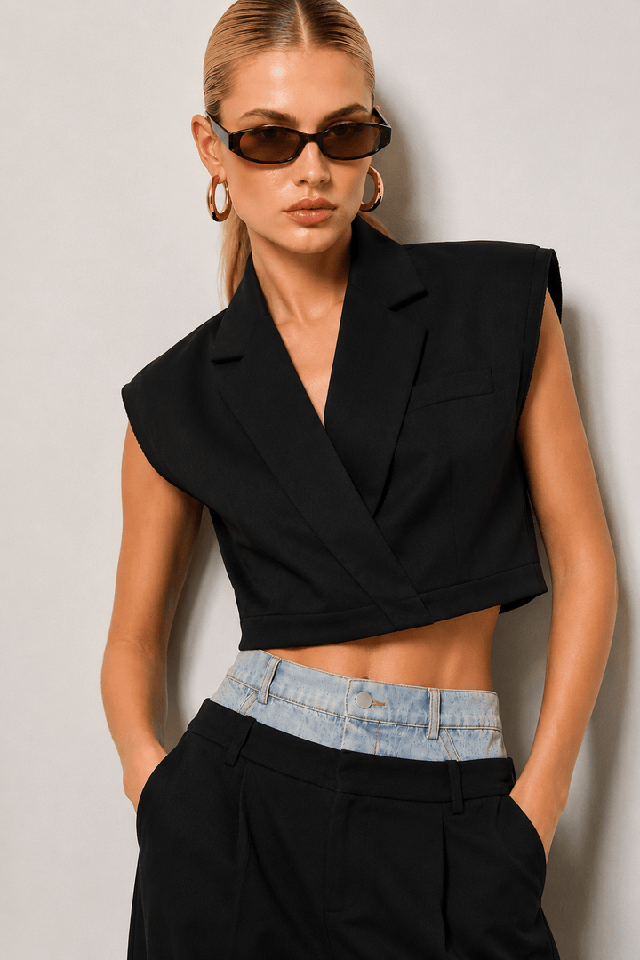 Billie Black Solid V - neck Collared Crop Vest Top - STYLED BY ALX COUTUREvest