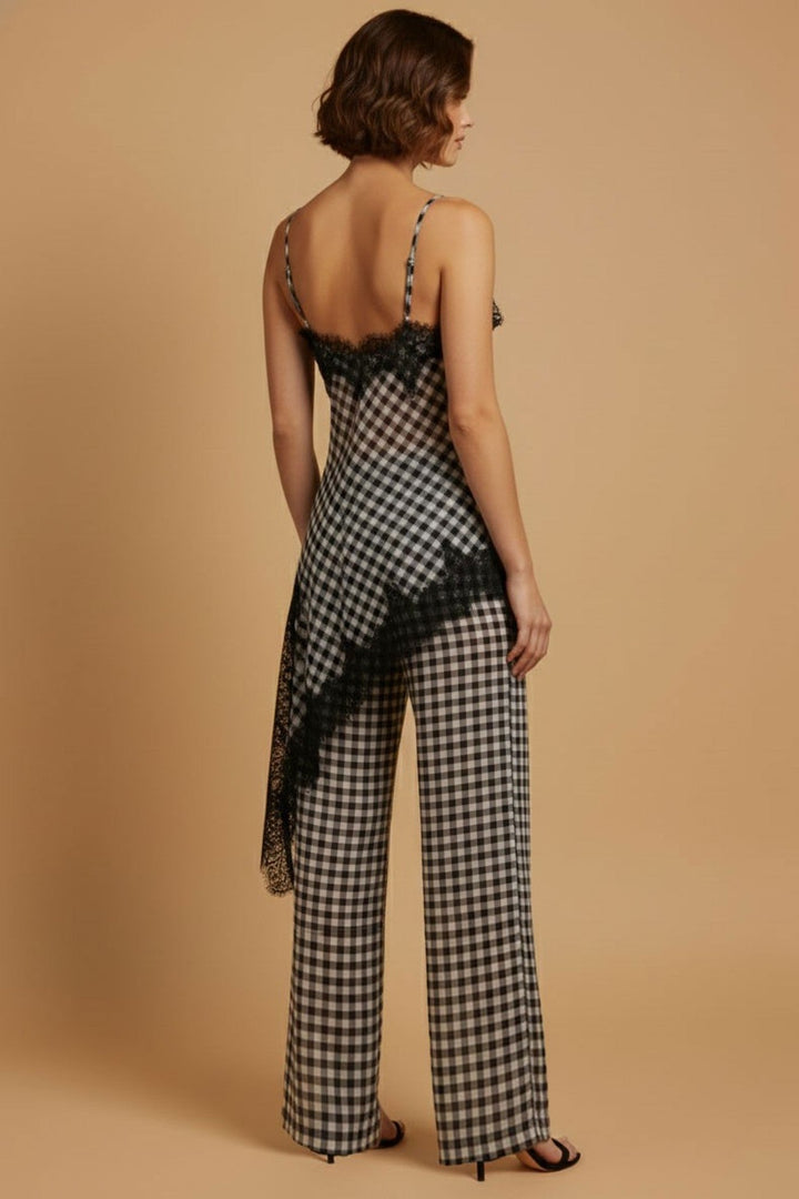 Black and White Gingham Lace Trim Cami and Pant Set - STYLED BY ALX COUTUREOutfit Sets