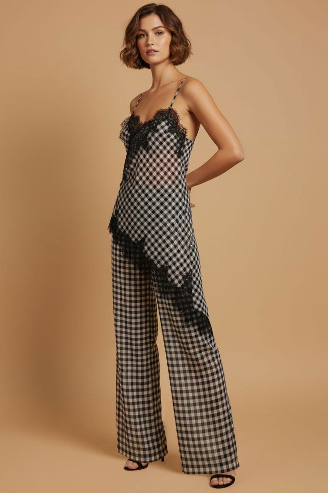 Black and White Gingham Lace Trim Cami and Pant Set - STYLED BY ALX COUTUREOutfit Sets