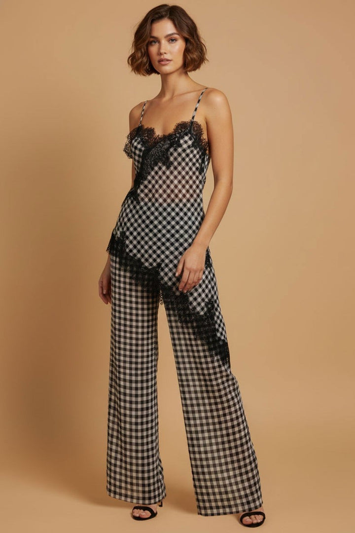 Black and White Gingham Lace Trim Cami and Pant Set - STYLED BY ALX COUTUREOutfit Sets