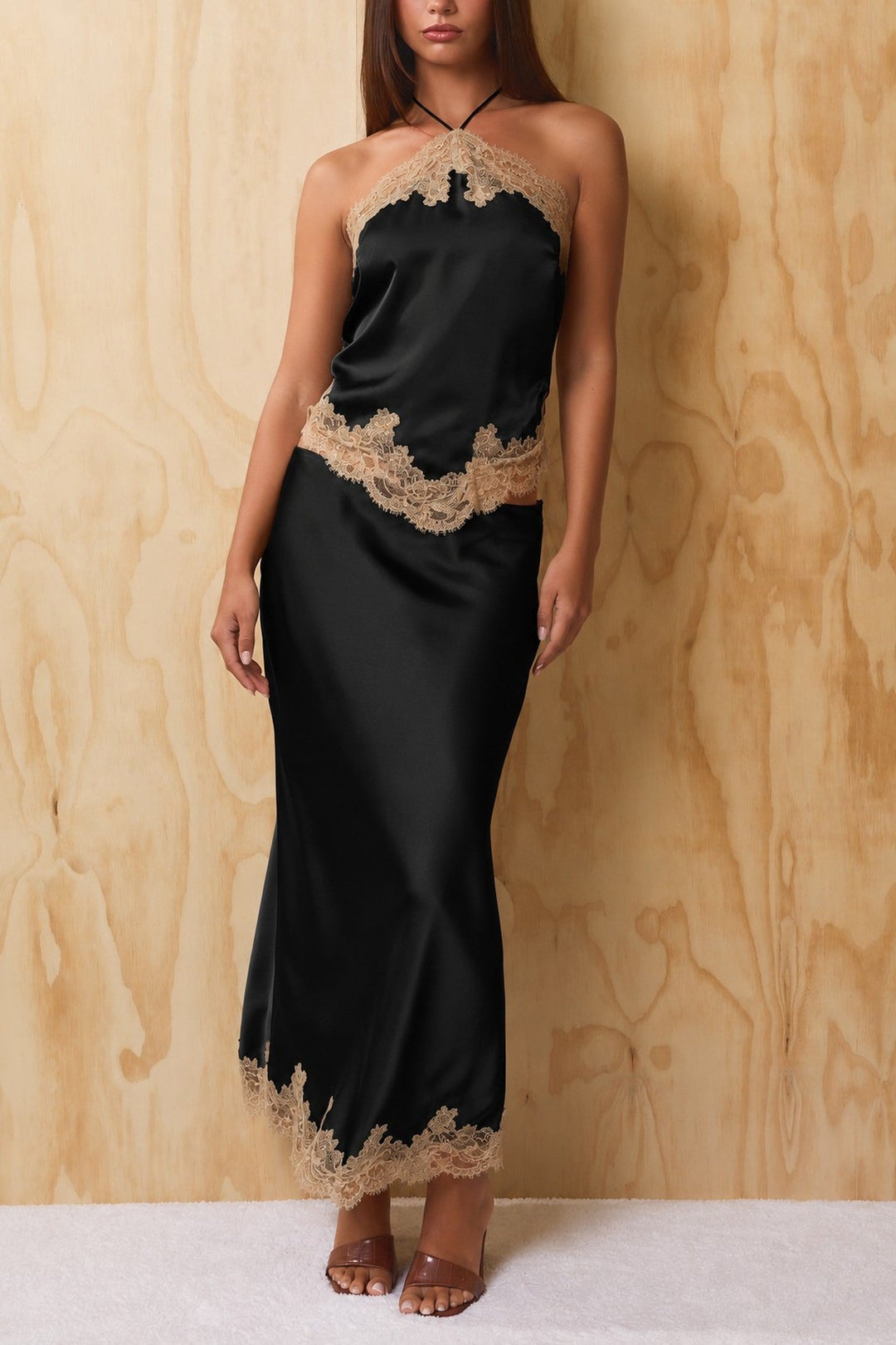 Black Beige Low Rise Lace Trim Satin Maxi Skirt - STYLED BY ALX COUTURESkirts
