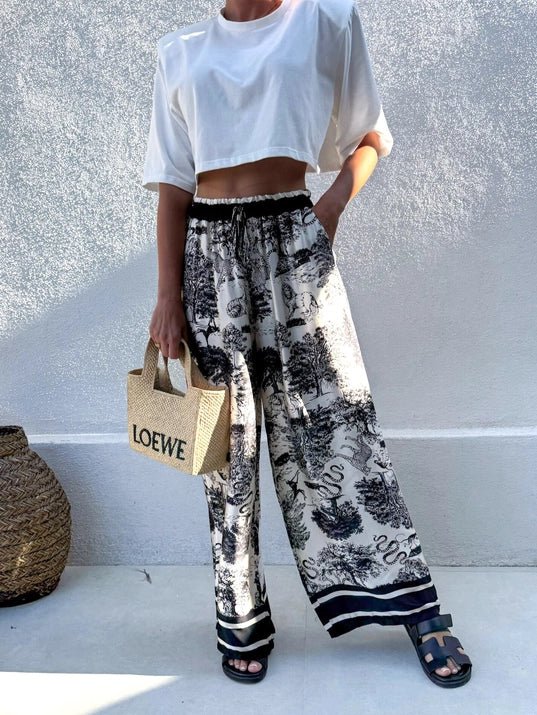 Black Bohemian Ethnic Garden Ecru Tie Pants - STYLED BY ALX COUTUREPANTS