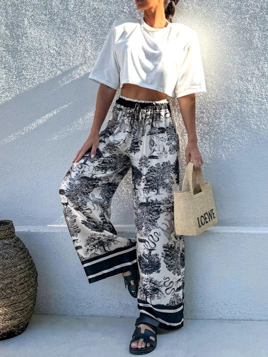 Black Bohemian Ethnic Garden Ecru Tie Pants - STYLED BY ALX COUTUREPANTS