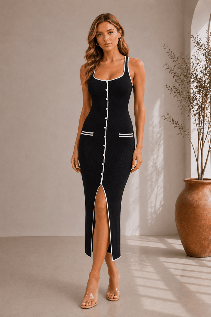 Black Button Office Sweater Midi Dress - STYLED BY ALX COUTUREDresses