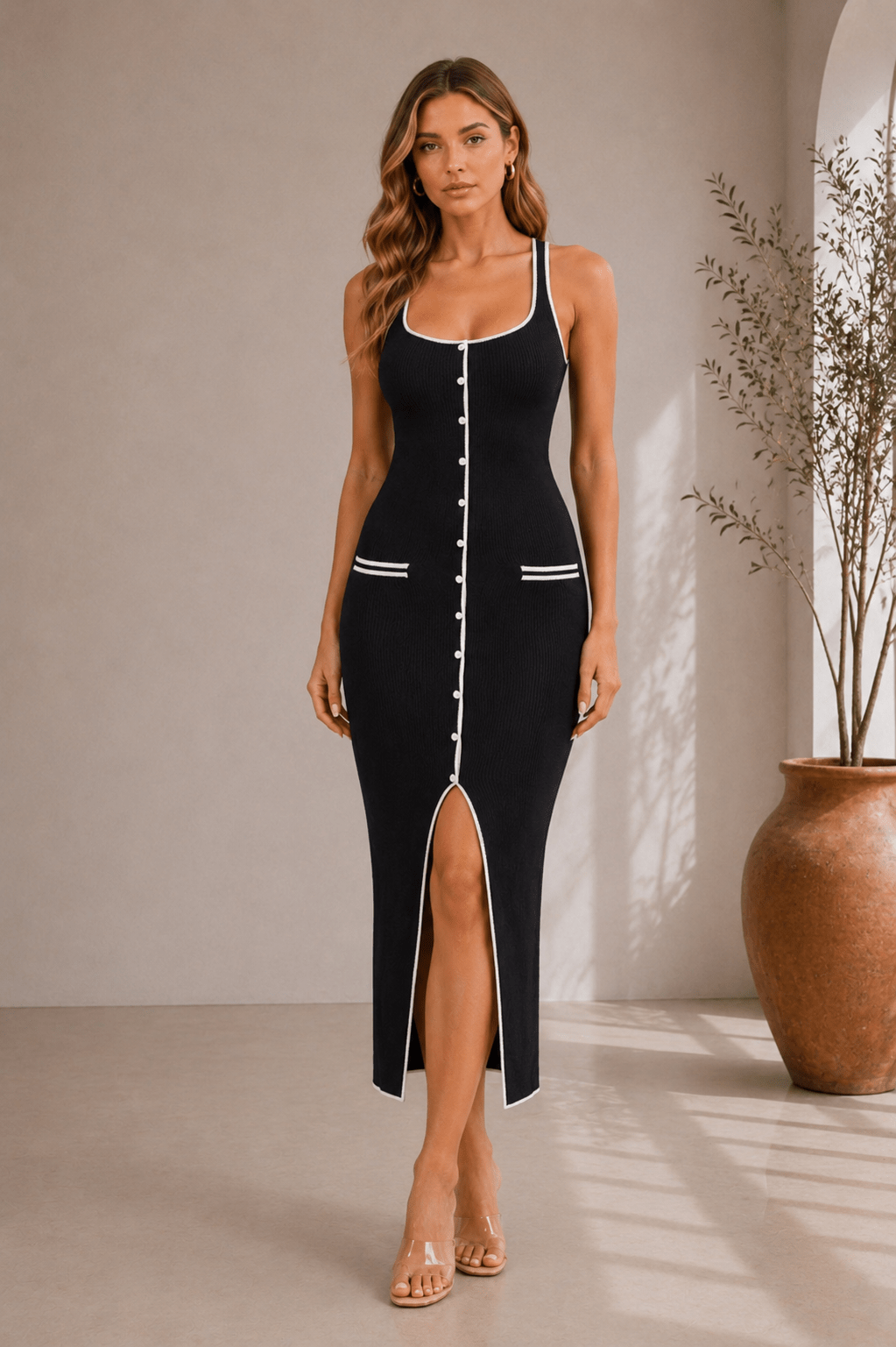 Black Button Office Sweater Midi Dress - STYLED BY ALX COUTUREDresses